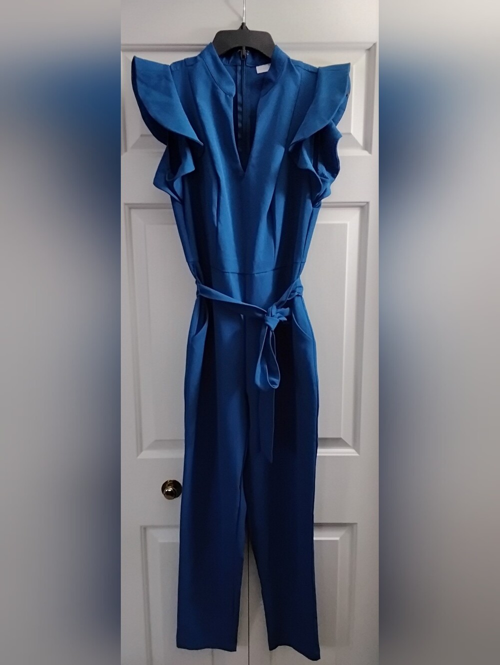 New York & Company Ruffle Shoulder Jumpsuit with Tie Waist, Turquoise, Small